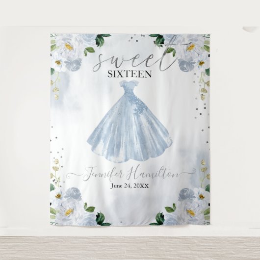 青い花のピンクのドレス スウィート16 背景 タペストリー (正面)