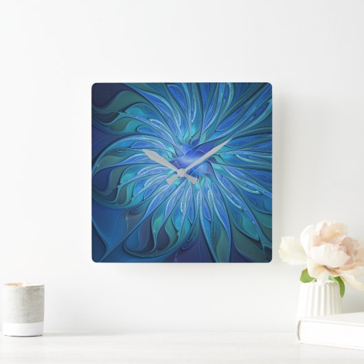 青い花のファンタジーパターン、抽象芸術フラクタルアート スクエア壁時計 (ホーム)
