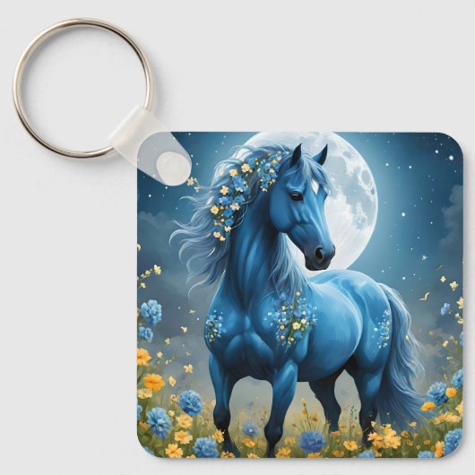 青い花のファンタジー馬 キーホルダー (正面)