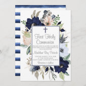 青い花のファーストコミュニオン 招待状 (正面/裏面)