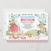 青い花のファーム動物 バーンヤード誕生日パーティー 招待状 (正面)