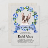 青い花のフレンチブルドッグのベビーシャワー 招待状 (正面/裏面)