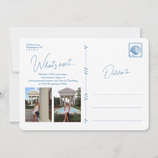 青い花のフレーム 海岸の卒業おめでとうカード 招待状 (裏面)