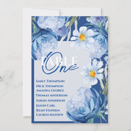 青い花のフローラ結婚テーブルの座席表 (裏面)