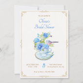 青い花のブーケと鳥のウェディングシャワー 招待状 (正面)