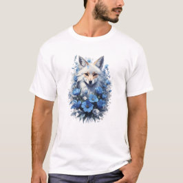 青い花のブーケに佇む堂々たる白狐 Tシャツ