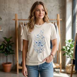 青い花のブーケシャツ、花好きシャツ トライブレンドＴシャツ