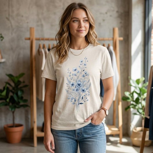青い花のブーケシャツ、花好きシャツ トライブレンドTシャツ