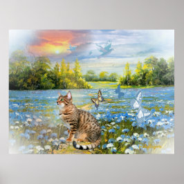 青い花のベッドでベンガルプリント ポスター