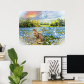 青い花のベッドでベンガルプリント ポスター (ホームオフィス)