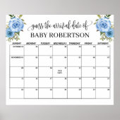 青い花のベビーシャワー出産予定日カレンダー ポスター (正面)