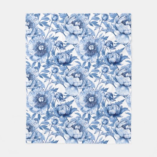 青い花のボタニカル デリケートな磁器の花 フリースブランケット (正面)