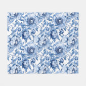 青い花のボタニカル デリケートな磁器の花 フリースブランケット (正面(横))