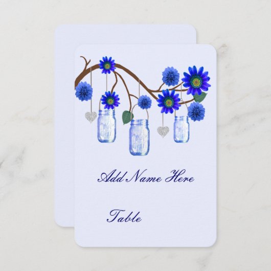 青い花のメイソンジャー テーブルプレースカード 招待状 (正面/裏面)