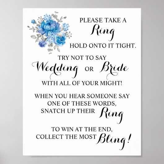 青い花のリングや輪をブライダルシャワーゲームの標識に置く ポスター (正面)