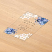 青い花のレースの結婚式 アクリル招待状 (レイダウン)