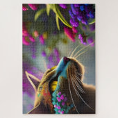 青い花の三毛猫、ファンタジー ジグソーパズル (縦)