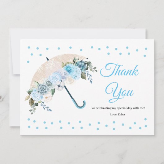 青い花の傘のベビーシャワー感謝カード サンキューカード (正面)