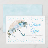 青い花の傘のベビーシャワー感謝カード サンキューカード (正面/裏面)