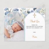 青い花の写真アーチ少年洗礼感謝カード (正面)