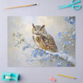 青い花の切り離し絵を描付きフクロウ 薄葉紙 (クラフト)