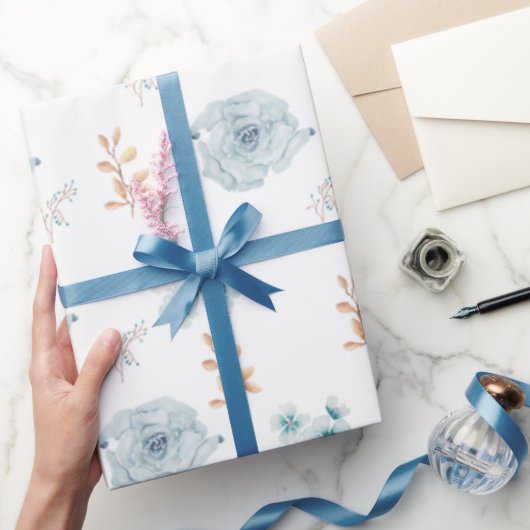 青い花の包装紙、誕生日ラッピング、結婚式 ラッピングペーパー (ギフト)