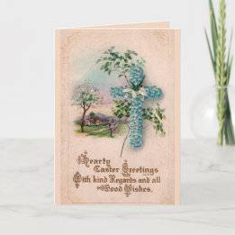 青い花の十字のイースター挨拶状 シーズンカード