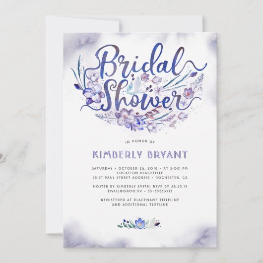 青い花の原稿の水彩画のブライダルシャワー 招待状 (正面)