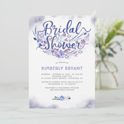 青い花の原稿の水彩画のブライダルシャワー 招待状 (スタンド正面)