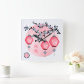 青い花の提灯「上に昇る」アジアデザイン スクエア壁時計 (ホーム)