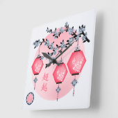 青い花の提灯「上に昇る」アジアデザイン スクエア壁時計 (傾斜)