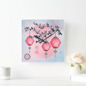 青い花の提灯「上に昇る」アジアデザイン スクエア壁時計 (ホーム)