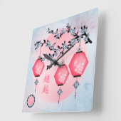 青い花の提灯「上に昇る」アジアデザイン スクエア壁時計 (傾斜)