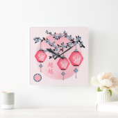 青い花の提灯「上に昇る」アジアデザイン スクエア壁時計 (ホーム)