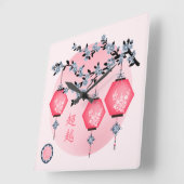 青い花の提灯「上に昇る」アジアデザイン スクエア壁時計 (傾斜)