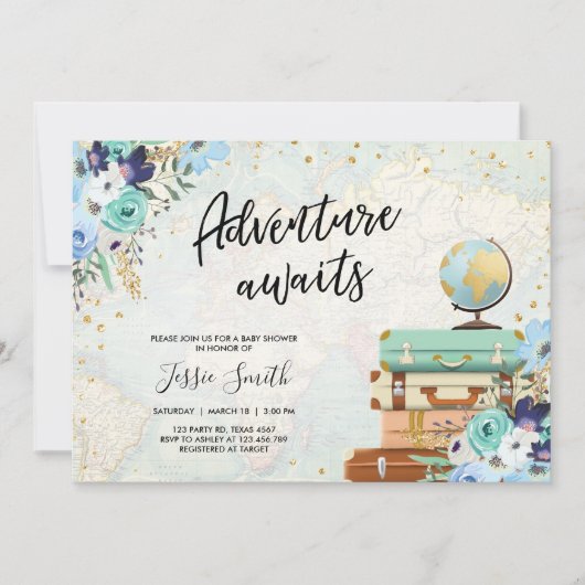 青い花の旅行ベイビーシャワー 招待状 (正面)