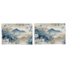 青い花の日本の風景 枕カバー