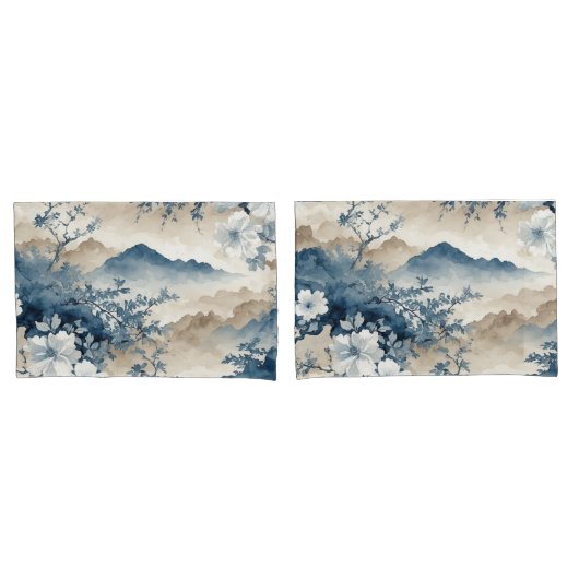 青い花の日本の風景 枕カバー (フロントセット)