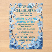 青い花の枠の愛とお祝い アクリル招待状 (正面)