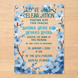 青い花の枠の愛とお祝い アクリル招待状