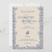 青い花の植物学的なエレガントなヴィンテージウェディング 招待状 (正面)