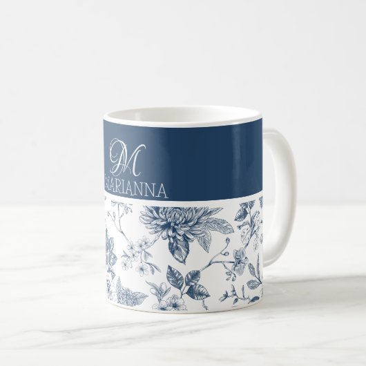 青い花の模様と名前パーソナライズされた コーヒーマグカップ (正面右)