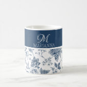 青い花の模様と名前パーソナライズされた コーヒーマグカップ (中央)