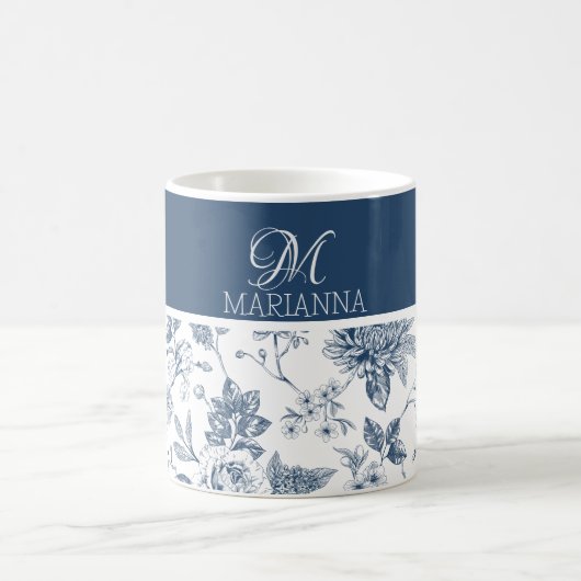 青い花の模様と名前パーソナライズされた コーヒーマグカップ (中央)
