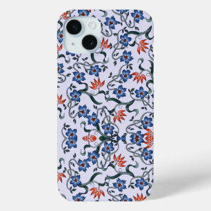 青い花の模様と緑のツタ iPhone 15 MINIケース
