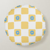 青い花の模様の黄色と白のチェック柄 ラウンドクッション (裏面)