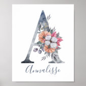 青い花の水彩モノグラムA名前  ポスター (正面)