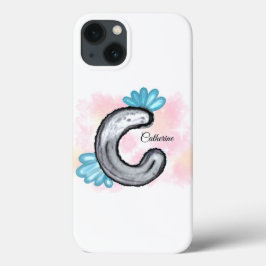 青い花の水彩文字C iPhone 13ケース