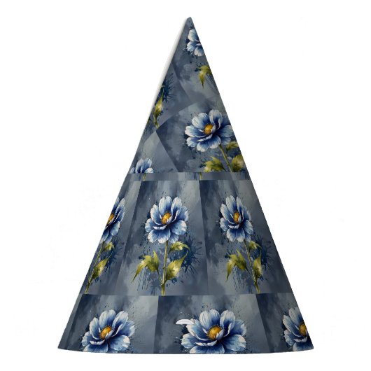 青い花の水彩模様 パーティーハット (左)