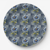 青い花の水彩模様 ペーパープレート (正面)